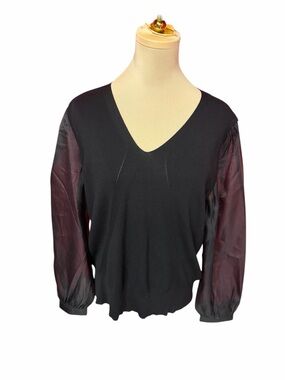 Talbots Black V-Neck Sweater Sheer Puff Sleeve Lightweight Knit LP